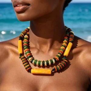 Fashion Jewelry OEM ODM Statement Bib Necklace Women Double Layer Olive Green Marbled Acrylic Bead Necklaces Bulk