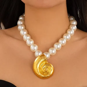 Fashion Jewelry Ocean Wind Sea Star Pearl Necklace Women’s Simple Conch Metal Style Gold Long Sea Shell Gold Pearl Necklace