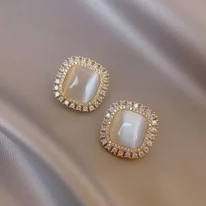 Fashion Jewelry Opal Square Earrings Crystal Rhinestone Geometric Stud Earrings for Women
