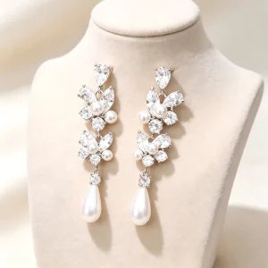 Fashion Jewelry Palladium plated White Gold Brass Pearl Zircon Pearl Drop Earrings for Women