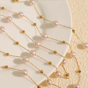 Fashion Jewelry Pearl Beads Necklace PVD Gold Plated Stainless Steel Pearl Necklace for Women