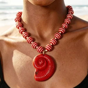Fashion Jewelry Retro Red Patterned Conch Pendant Necklace Bohemian Women’s Accessories Red Sea Shell Ball Beaded Necklaces