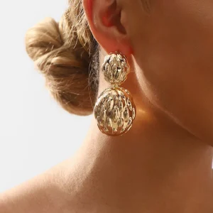 Fashion Jewelry Retro Style Heavy Metal Geometric Oval Texture Women’s Earrings Hammered Zinc Alloy Gold Plated Earrings