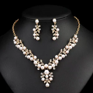 Fashion Jewelry Rhinestones Pearl Leaf Necklace Pendant Earrings Suit Dress Accessories for Women Carnival Decoration