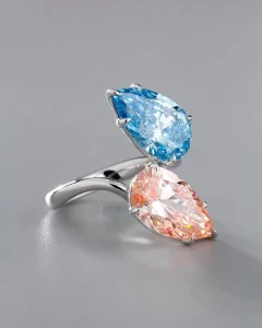 Fashion Jewelry Rings 10K 14K 18K Gold Ring Custom Two Stones Pear Cut Blue and Pink Lab Grown Diamond Engagement Ring