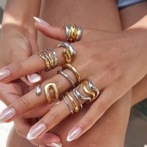 Fashion Jewelry Rings 7 Styles PVD Plated 18k Gold Stainless Steel Rings for Women Waterproof Two Tone Adjustable Ring