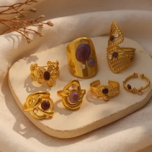 Fashion Jewelry Rings Engagement Adjustable Women Amethyst Natural Stone Lucky Healing Rose Quartz Women Vintage Rings