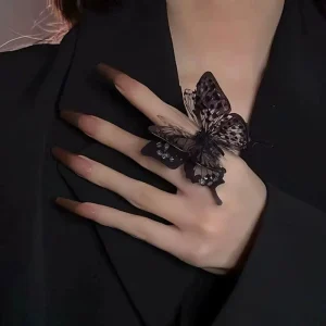 Fashion Jewelry Rings FineJewelry Ring Exaggerate Adjustable Gothic Cosplay Crystal Black White Butterfly Rings for Women