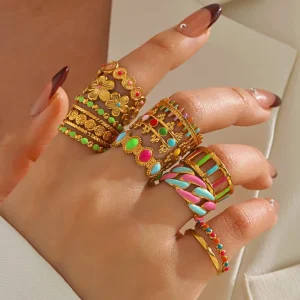 Fashion Jewelry Rings Gold plated Stainless Steel Geometric Pearl Hiphop Rings Gift for Women