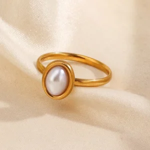 Fashion Jewelry Rings Gold plated Stainless Steel Geometric Pearl Hiphop Rings Gift for Women