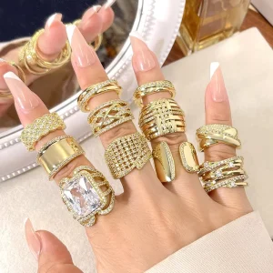 Fashion Jewelry Rings Statement Open Style 18K Gold Plated Zirconia Vintage Ring for Women