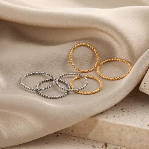 Fashion Jewelry Rings for Women Cute Stainless Steel Beaded Twist Hammered Stacking Ring Trendy Finger Rings