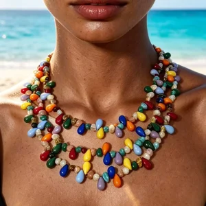 Fashion Jewelry Seaside Fashion Rainbow Bead Long Necklace Natural Stone Teardrop Beaded Layered Pendant Necklaces Women