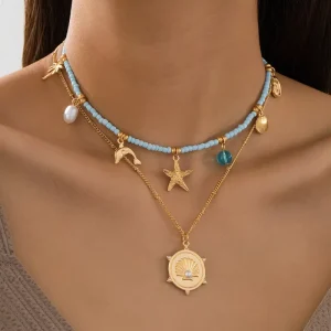 Fashion Jewelry Seaside Inspired Shell Conch Zircon Bohemian Necklace 18K Gold Plated Waterproof Anti