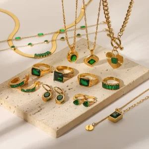 Fashion Jewelry Set 18K Gold Plated Retro Style Green Zircon Series Stainless Steel Necklace for Women