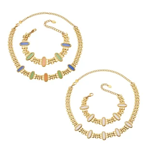 Fashion Jewelry Set 18K Gold Plated Stainless Steel Eye Stone Chain Necklace and Bracelet for Women