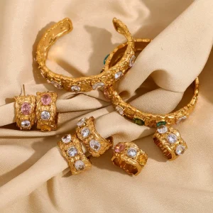 Fashion Jewelry Set 18K Gold Stainless Steel Colorful Zircon Bangles Bracelet Earrings Ring for Women