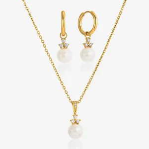 Fashion Jewelry Set 18k Gold Plated Stainless Steel Necklace Zircons Pearl Necklace Pendant Necklace Earrings Jewelry Women