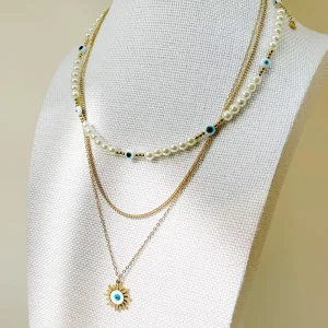 Fashion Jewelry Set 3 Pieces Layered Chain Stainless Steel 18K Gold Plated Charm Devil Eye Pendant Pearl Necklace for Women
