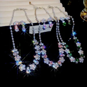 Fashion Jewelry Set Accessories Sparkly Zircon Round Flower Necklace Earrings for Women Party Wedding Banquet