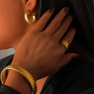 Fashion Jewelry Set Bracelets Bangles Textured Chunky Bracelet CC Stud Earrings Stainless Steel Bracelets Femme