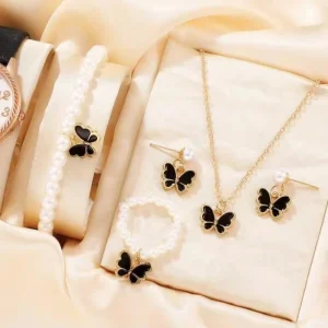 Fashion Jewelry Set Drip Oil Butterfly Pendant Pearl Bracelet Earrings Necklace Accessories N251037