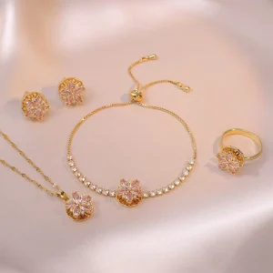 Fashion Jewelry Set Flower Necklace Earrings Spinner Ring Bracelet Set Rotatable Shiny Zircon Jewelry Set