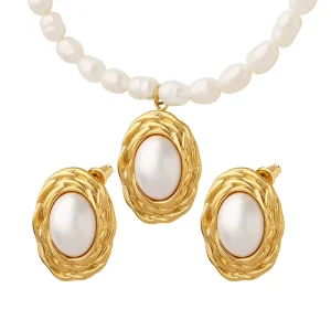 Fashion Jewelry Set French Style Retro High Grade Pearl Chain Inlaid Pearl Necklace Imitation Pearl Earrings for Women