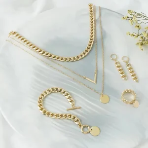 Fashion Jewelry Set Gold Layered V Pendant Necklace Women Cuban Chain Necklace Bracelet Earring Ring Set