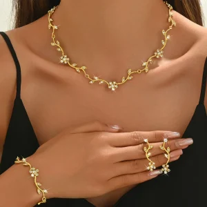 Fashion Jewelry Set Gold Rhinestone Alloy Leaf Necklace Earrings Bracelet Wedding Bride Jewelry for Women Girls Gifts
