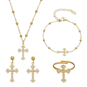 Fashion Jewelry Set Gold Stainless Steel Bead Chain Zircon Cross Pendant Necklace, Bracelet, Earrings and Ring Set Women
