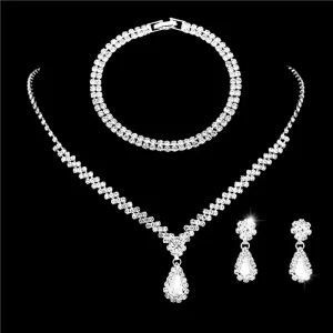 Fashion Jewelry Set Metal and Rhinestone Necklace Bracelet and Earrings Three Piece Set for Wedding Bridal Accessories