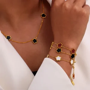 Fashion Jewelry Set Necklace 18K Gold Plated Stainless Steel Flower Mother Pearl Shell Bracelet Earrings for Women