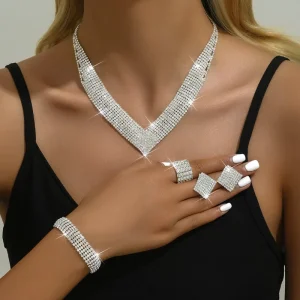 Fashion Jewelry Set Necklace Earrings Ring Bracelet Shiny Zircon Silver for Women