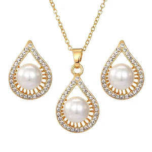 Fashion Jewelry Set Pearl Zircon Earrings Necklace Two Piece Set Simple Pearl Earrings Pendant Necklace Women