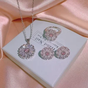 Fashion Jewelry Set Pink Zircon Diamond Necklace Set Light Luxury Sun Flower Earrings Necklace Set for Women