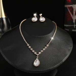 Fashion Jewelry Set Rhinestone Chain Necklace Crystal Pendant Earrings for Wedding Bridal Decoration