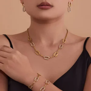 Fashion Jewelry Set Stainless Steel Zircon Earrings Necklace Bracelet Set for Women T141