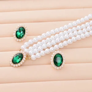 Fashion Jewelry Set Vintage Style Emerald Diamond Pearl Beads Double Layer Collar Chain Earring Set