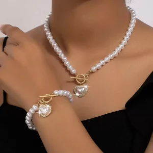 Fashion Jewelry Set Vintage Wedding Baroque Pearl Choker Necklace Geometric Heart Pendant Necklaces Bracelet for Women