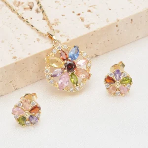Fashion Jewelry Set Women Minimalist 18K Gold Colorful Heart Flower Necklace and Earrings Set for Gift