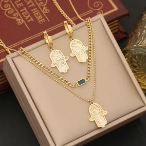 Fashion Jewelry Set Women Minimalist 18K Gold Stainless Steel Chain Green Diamond Necklace Bracelet Earrings Set for Gift