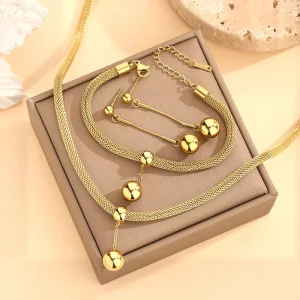Fashion Jewelry Set Women Stainless Steel 18k Gold Hollow Bead Ball Pendant Necklace Bracelet and Drop Earrings Jewelry Set