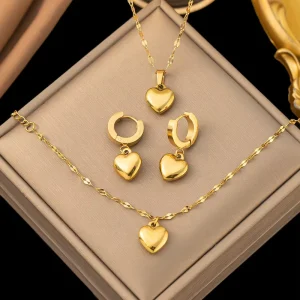 Fashion Jewelry Set Women Stainless Steel 18k Gold Love Heart Pendant Necklace Earrings and Bracelet Set