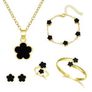 Fashion Jewelry Set Women’s All Match Set New Lucky Flower Bracelet Five leaf Clover Necklace Ring Earrings Alloy