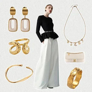 Fashion Jewelry Set Women’s Gold Plated Stainless Steel Necklace Bracelet and Earring Rings Set