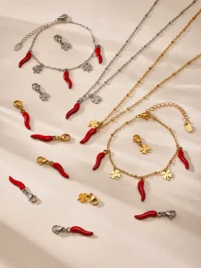 Fashion Jewelry Sets 18K Gold Plated Stainless Steel Chili Enamel Charm Necklace Lucky Four Leaf Clover Women Matching Gift