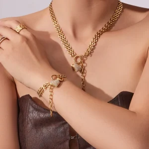 Fashion Jewelry Sets 18K Gold Stainless Steel Watch Chains Zircon Cross Heart Pendant Necklace Bracelet Sets for Women