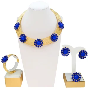 Fashion Jewelry Sets Brazilian Bule Stones Necklace Earrings and Rings Set Women Earrings Set for Gift