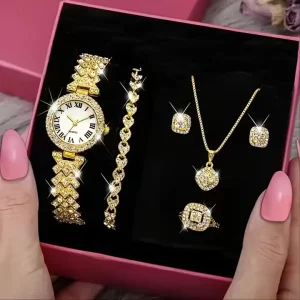 Fashion Jewelry Sets Full Diamond Luxury Bracelet Necklace Rings Earrings Watch Set Women’s Quartz Watch